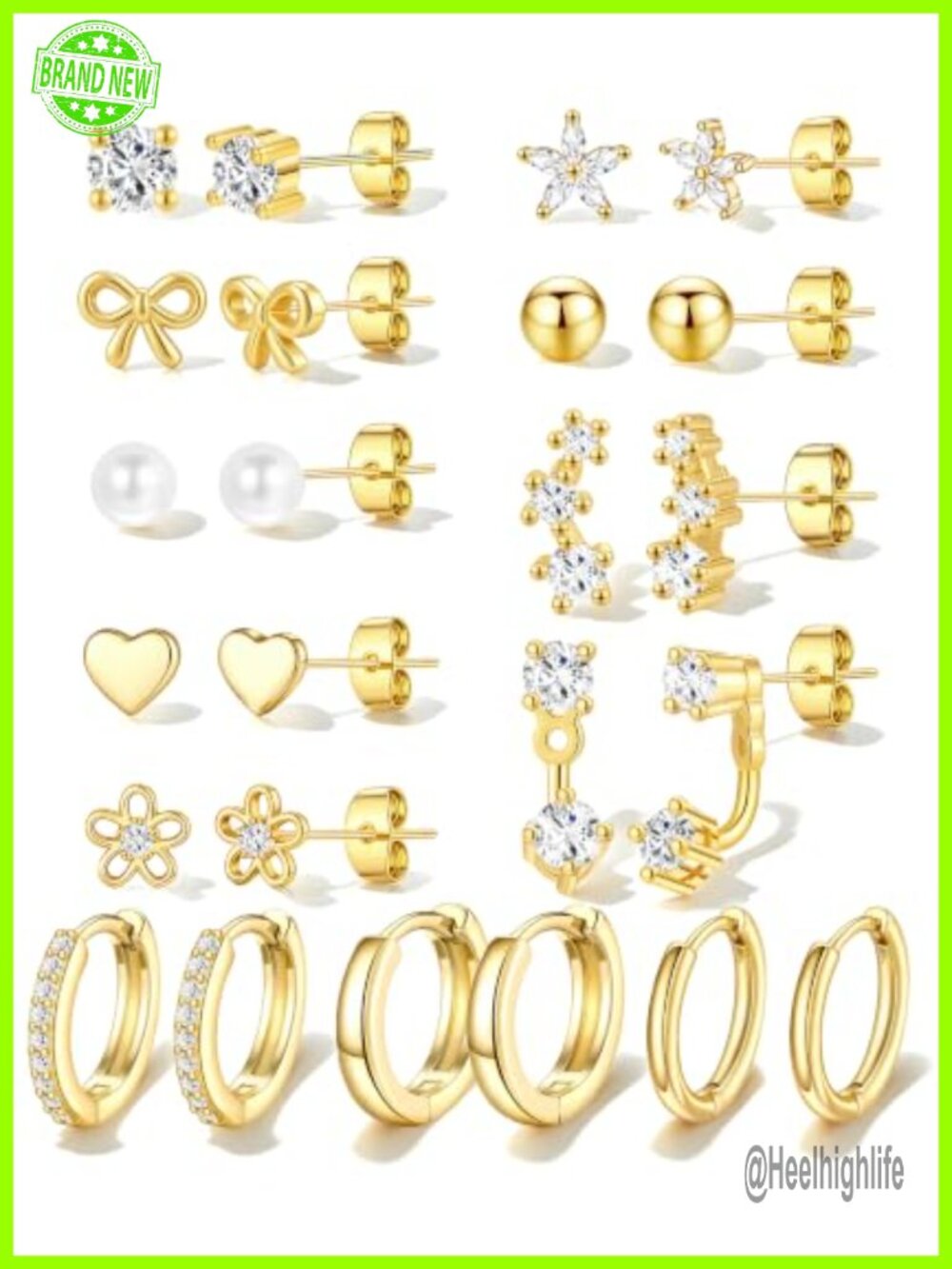 14K Gold Plated Stud Earrings Set Hypoallergenic 12 Pairs